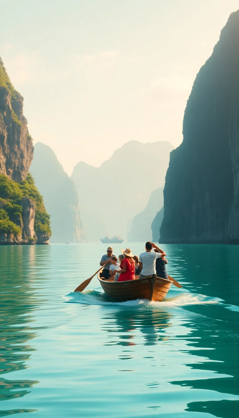 Ha Long Bay boat among karsts.