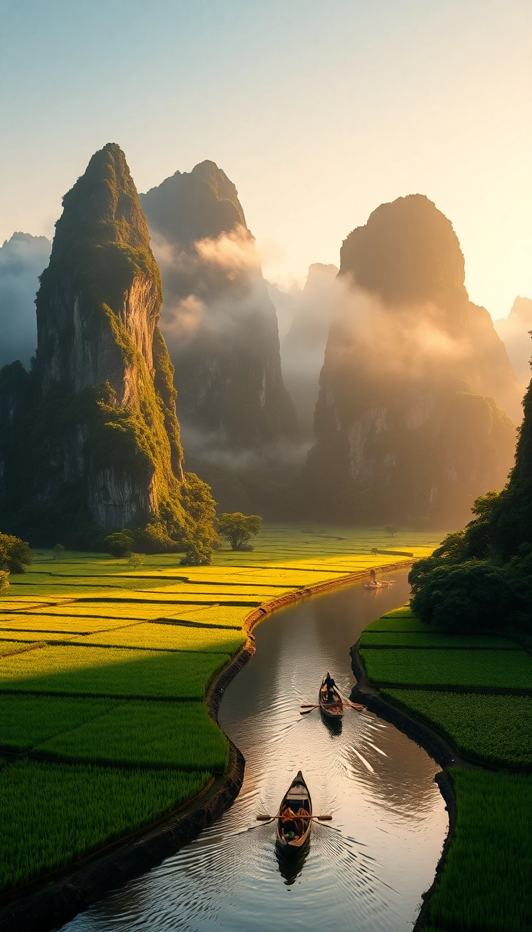 Halong Bay: Karsts, rice paddies, sampan boat.