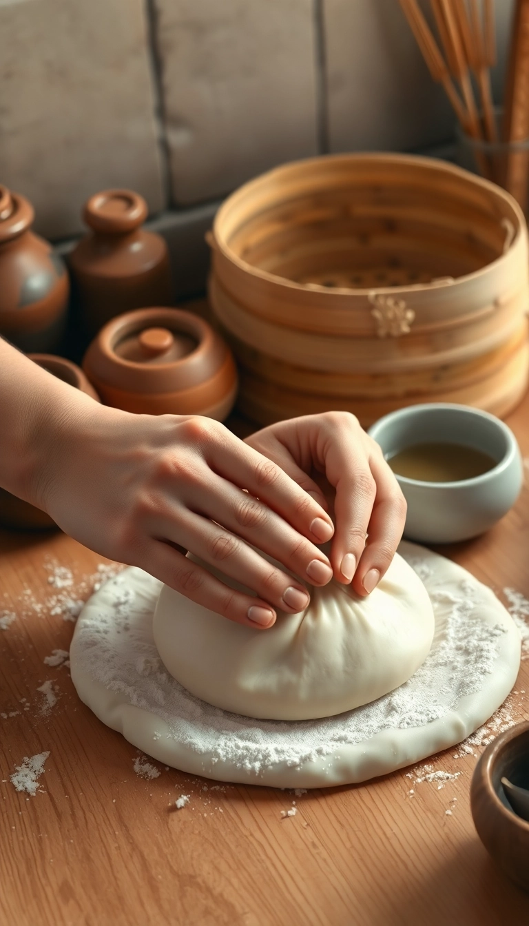 Hands kneading dough, Vietnamese kitchen scene.