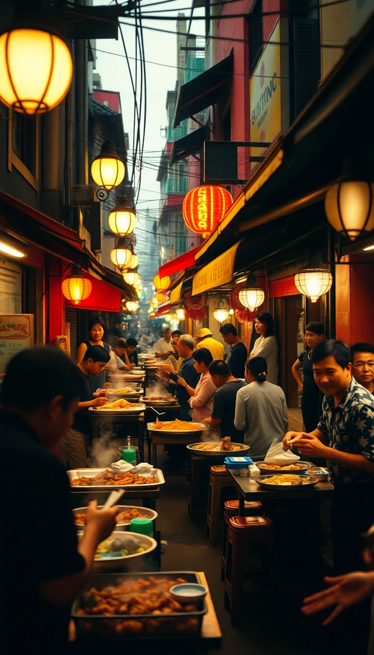 Hanoi food stalls glow at dusk.