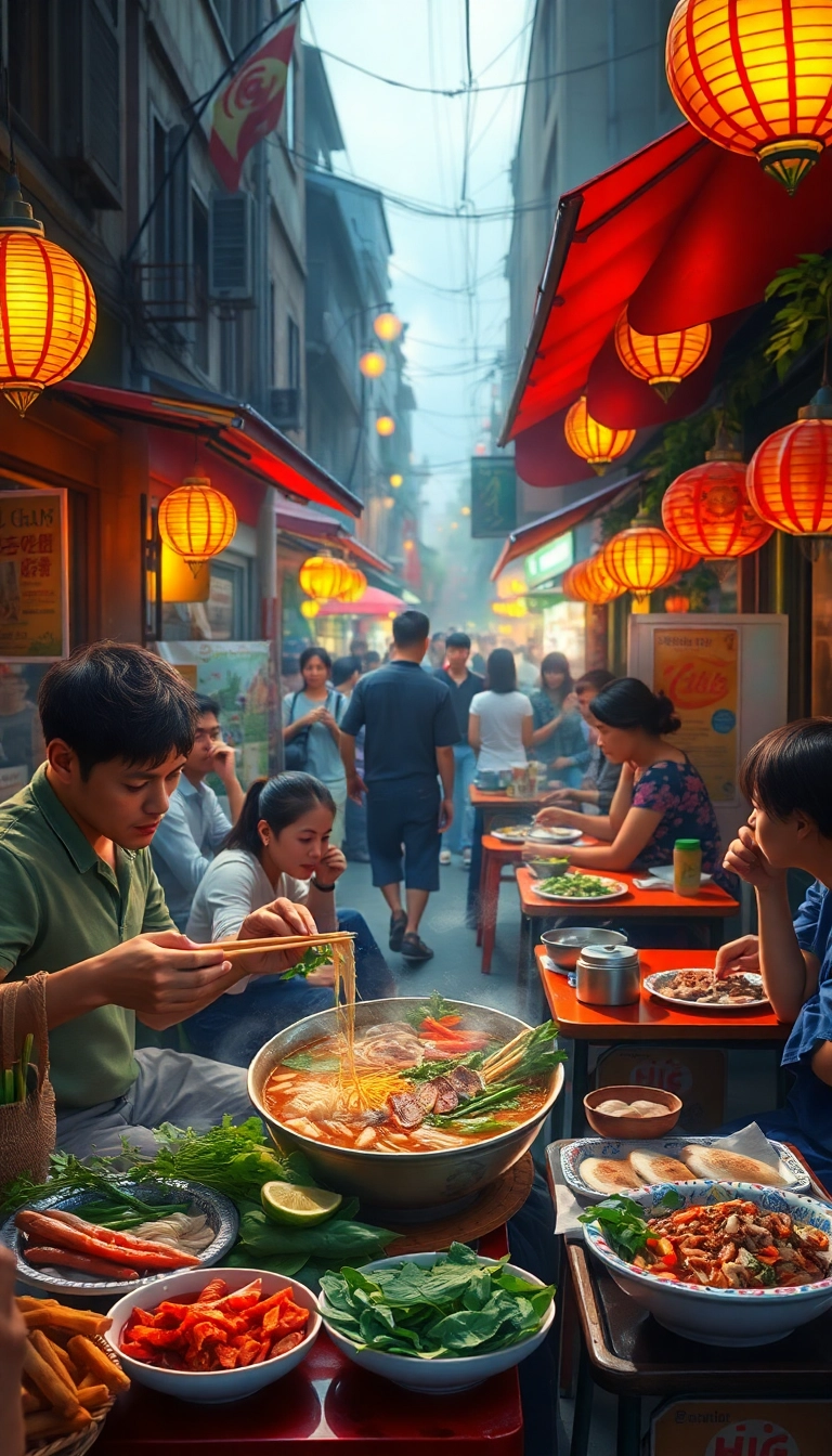 Hanoi street food: *phở* vendor & diners.