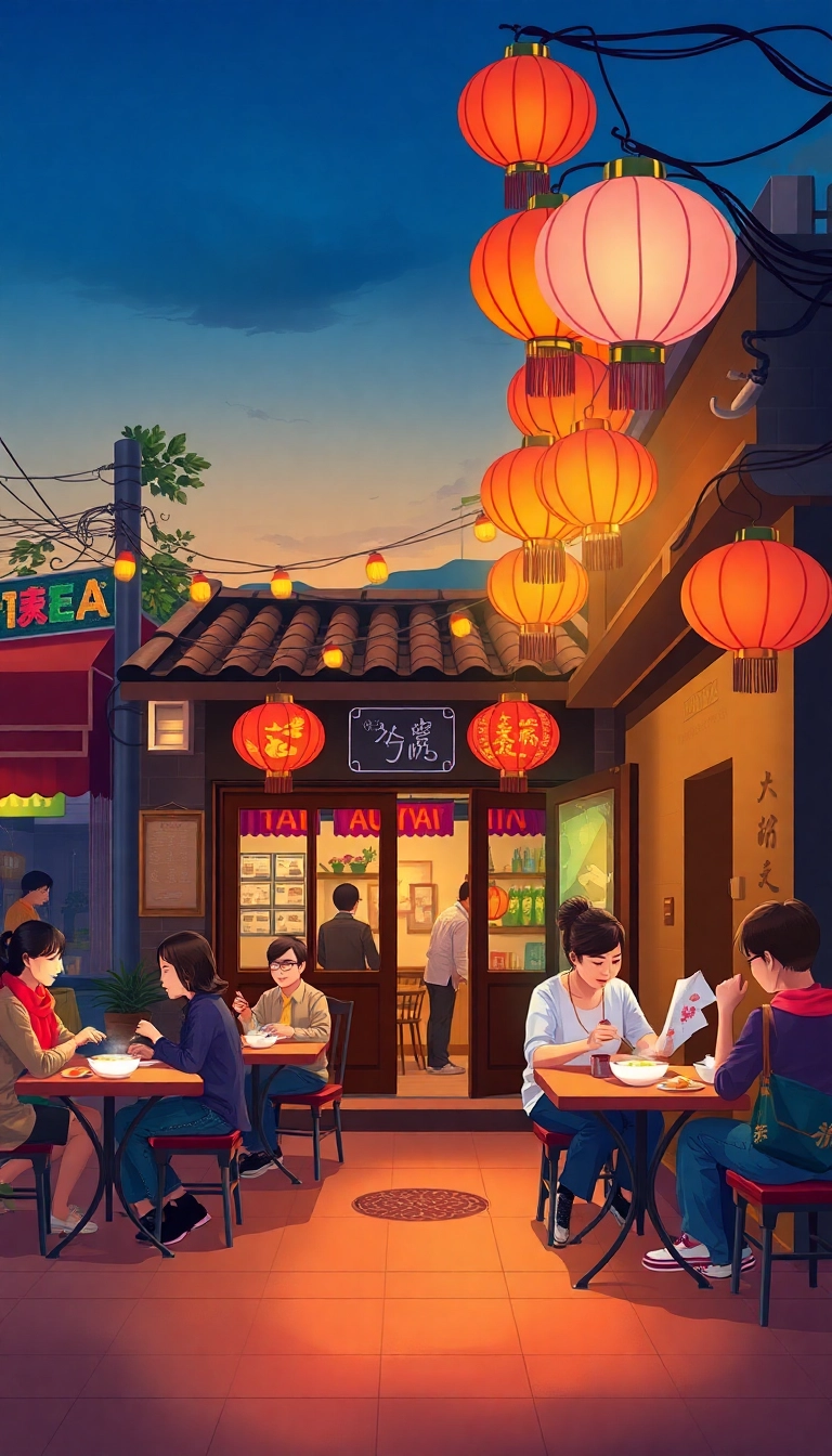 Hanoi street food scene at dusk.