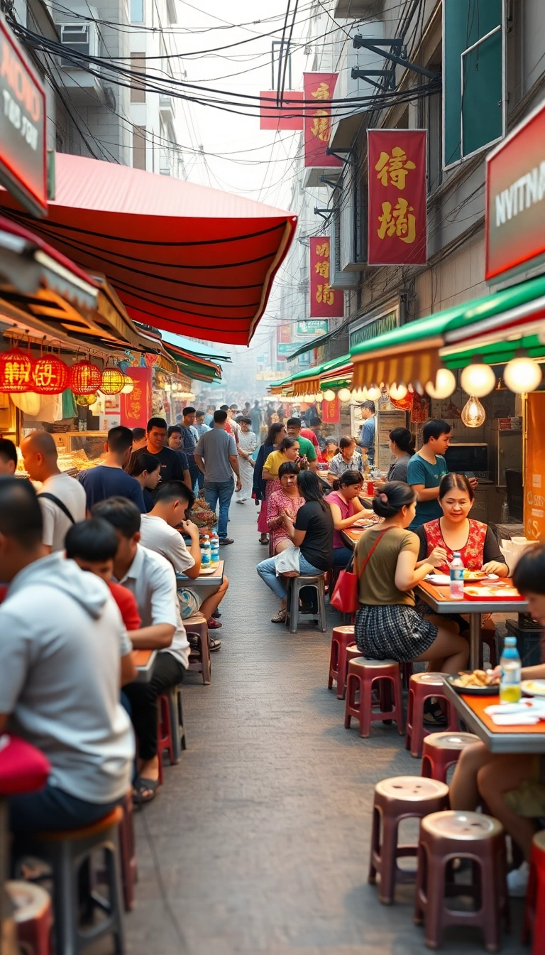 Hanoi street food vendors, vibrant scene.
