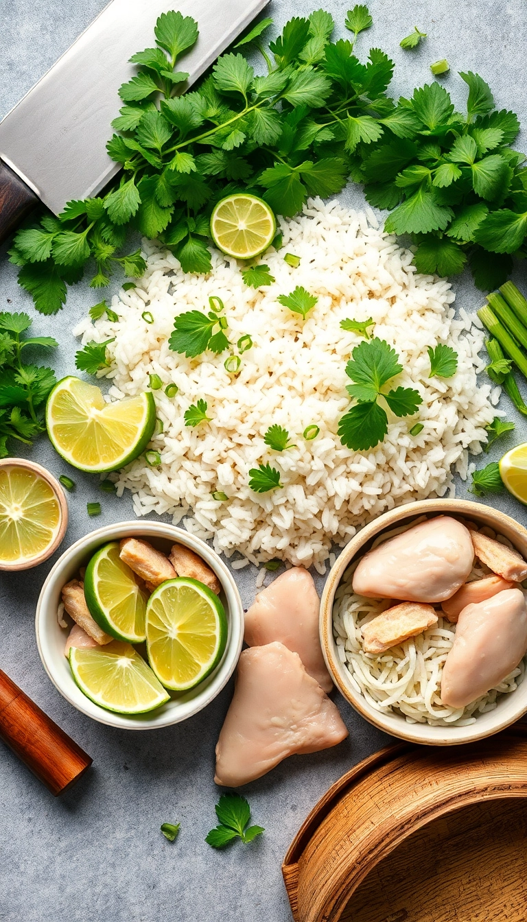 Herbal Chicken Rice ingredients flat lay.