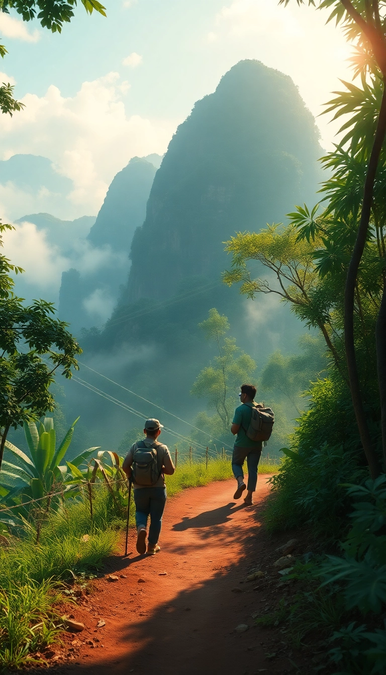 Hiker in lush Vietnamese jungle landscape.