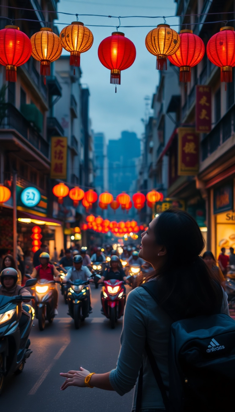 Ho Chi Minh City street, lanterns, motorbikes.