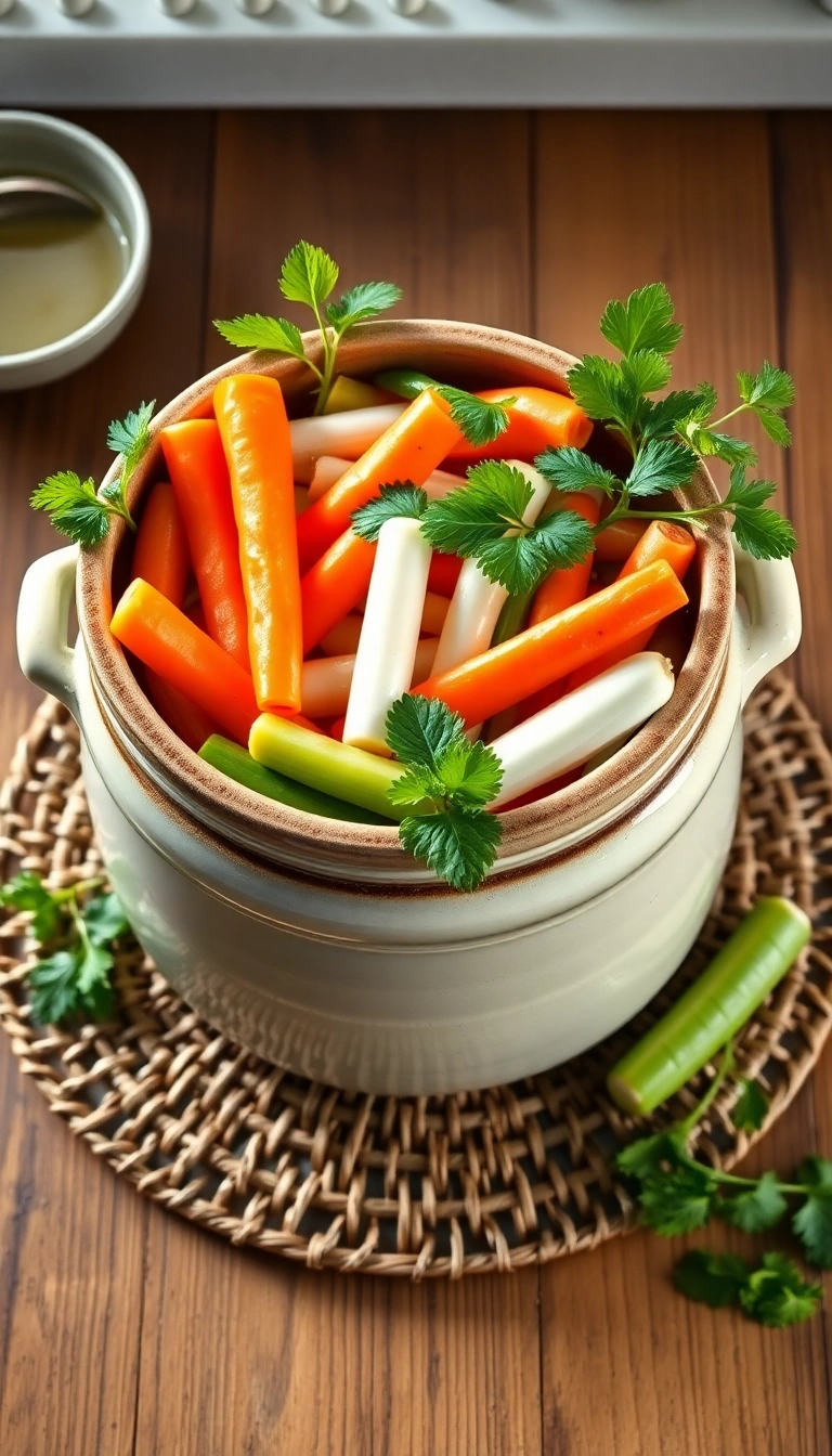 Homemade pickled vegetables in ceramic crock.