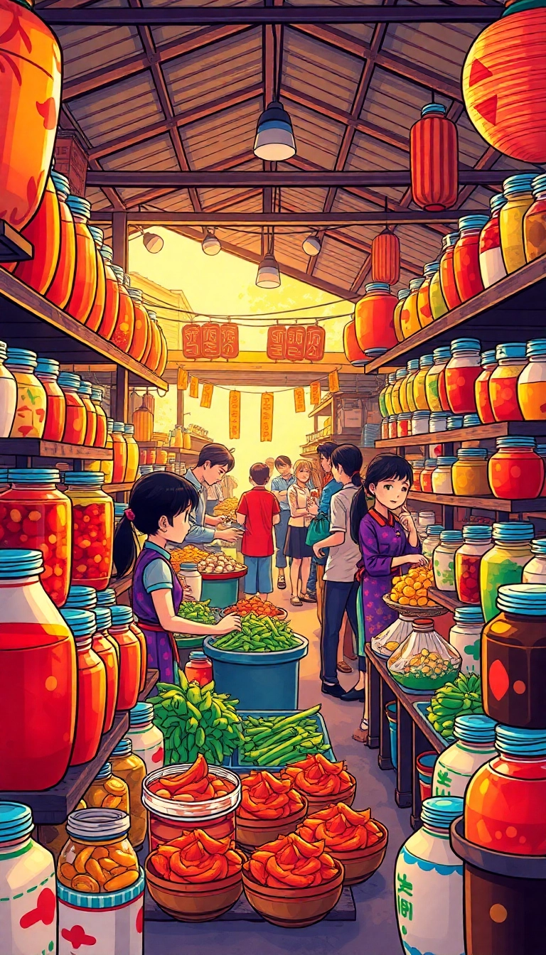 Hue market: vibrant sauces & vendors.