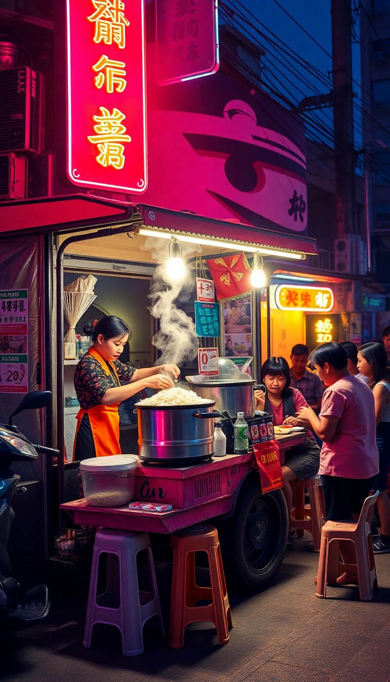 Hue street food vendor preparing mussel rice.