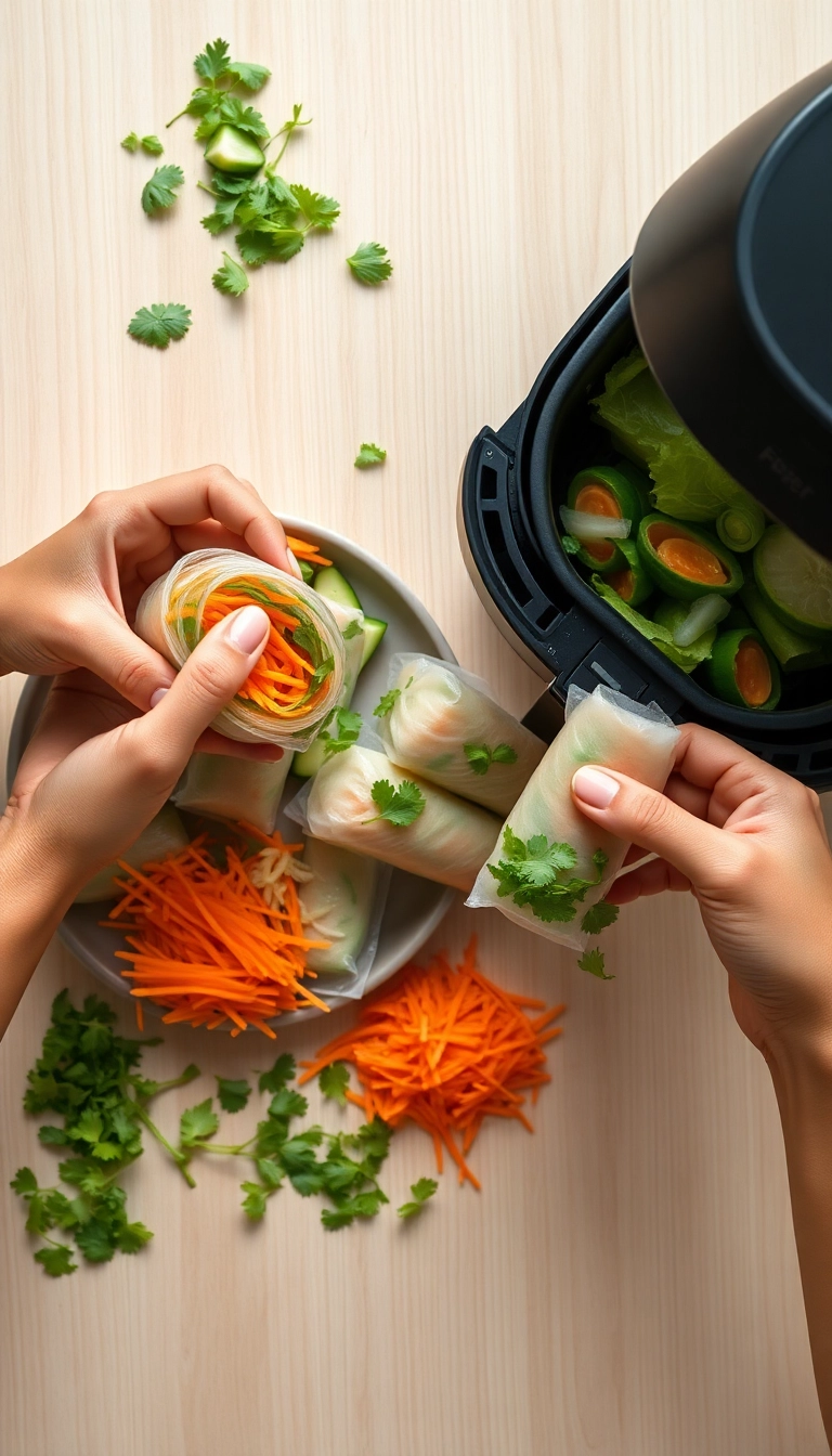 Making fresh Vietnamese spring rolls by hand.