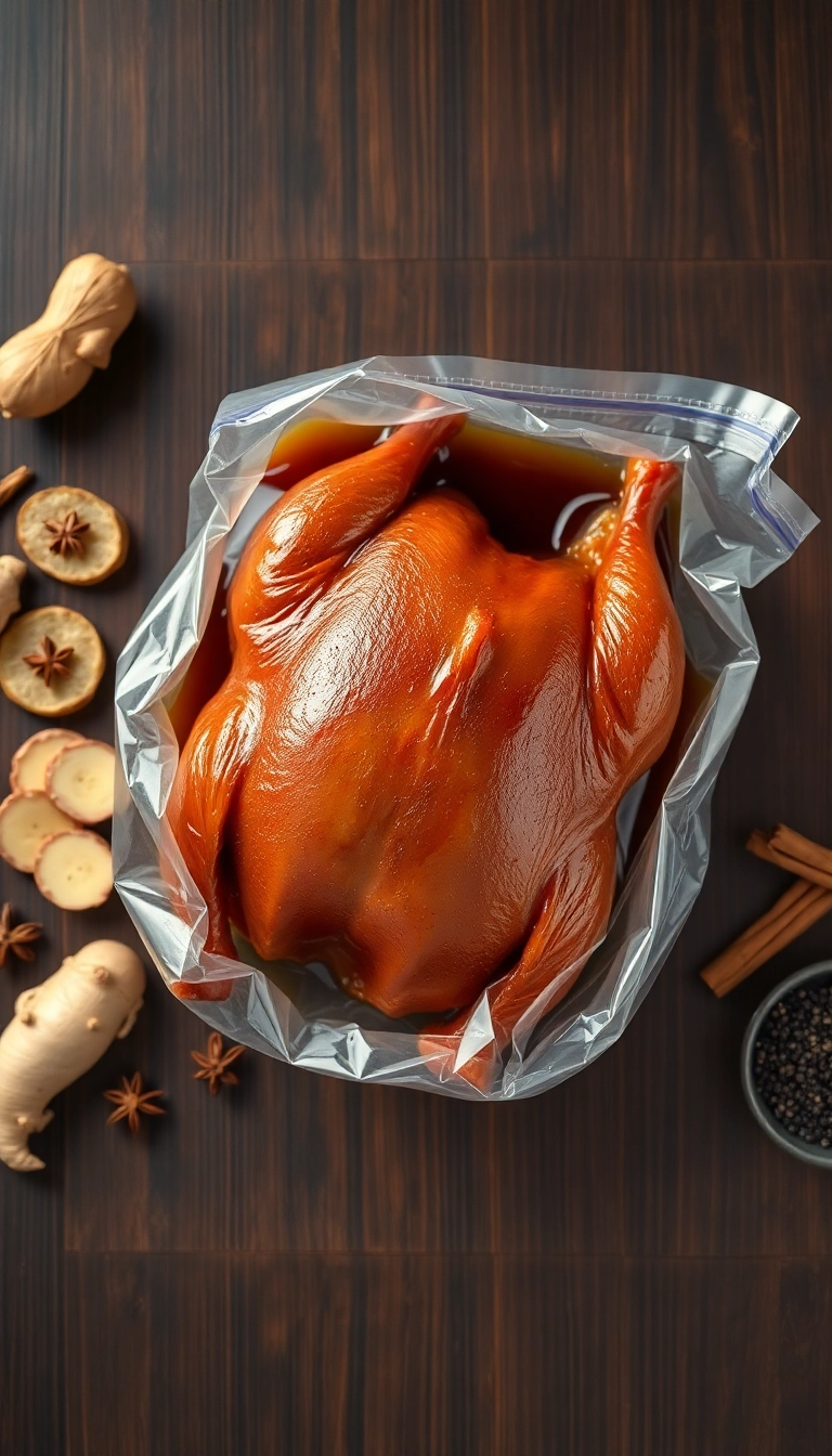 Marinated duck with ginger & spices.