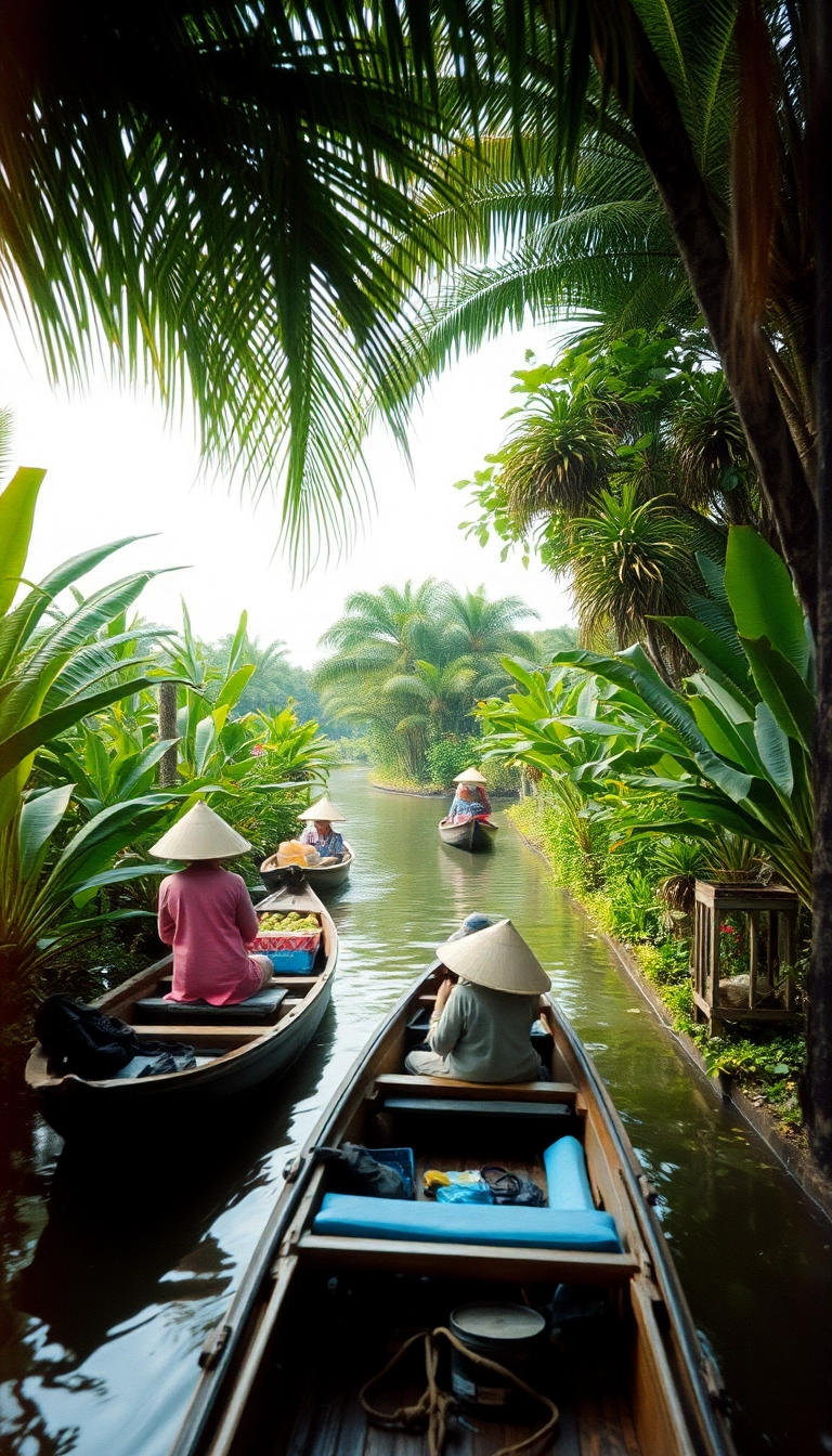 Mekong Delta: boats, market, lush greenery.