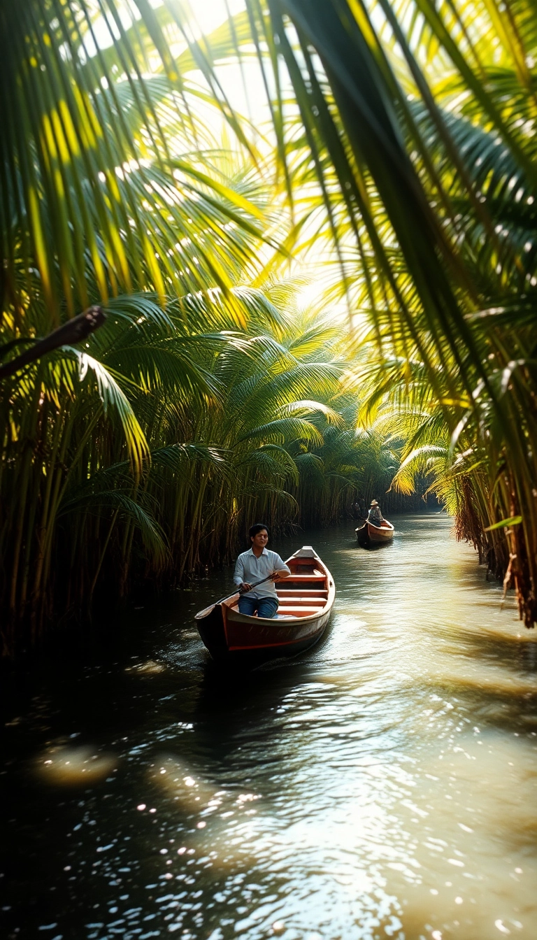 Mekong Delta: longtail boat in palms.