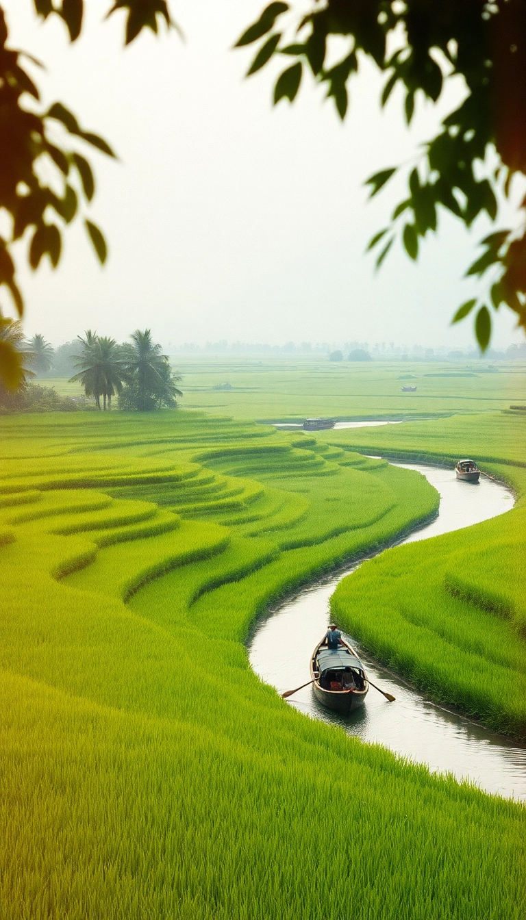 Mekong Delta rice paddies & longtail boat.
