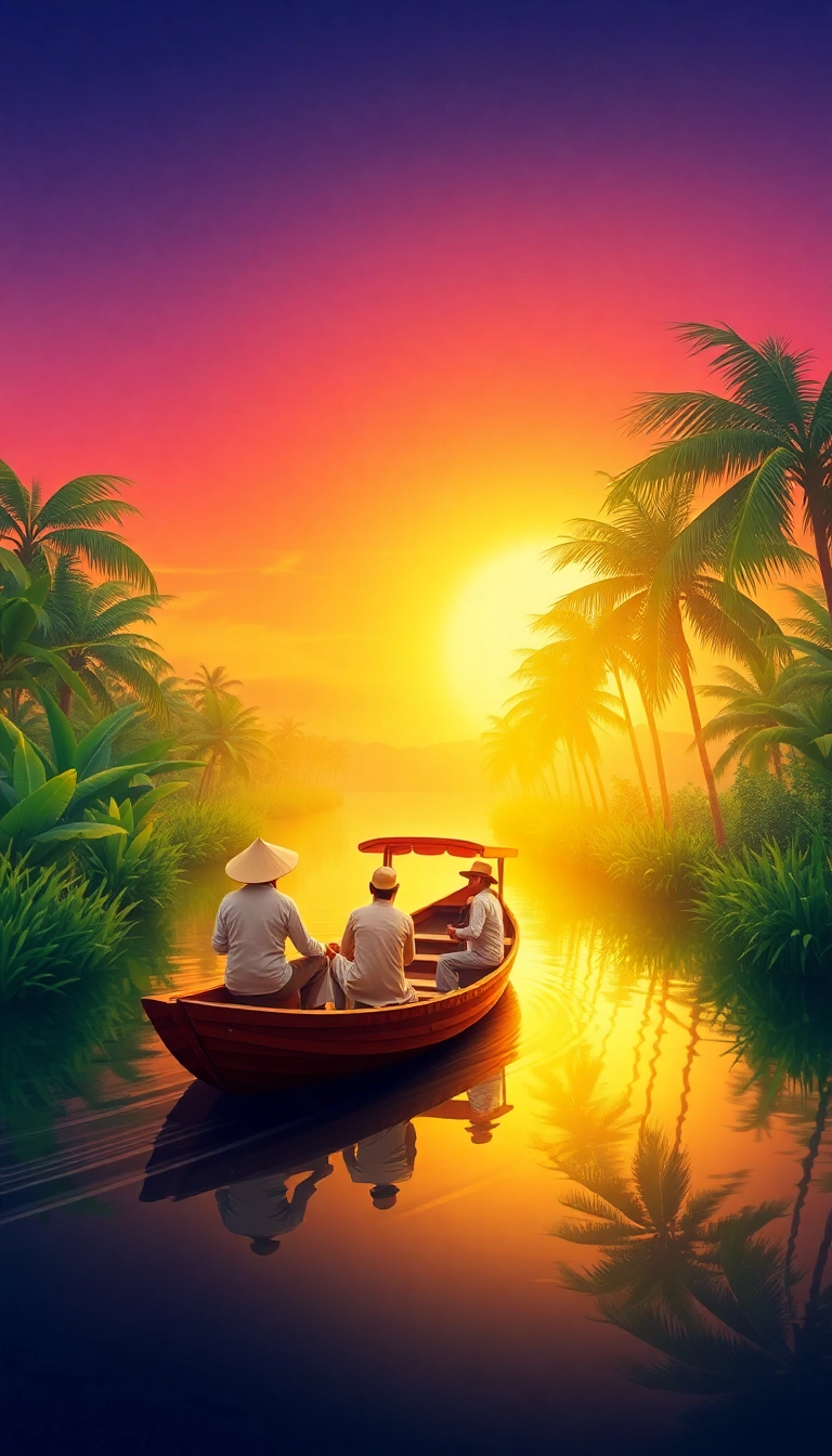 Mekong Delta sunrise with traditional boat.