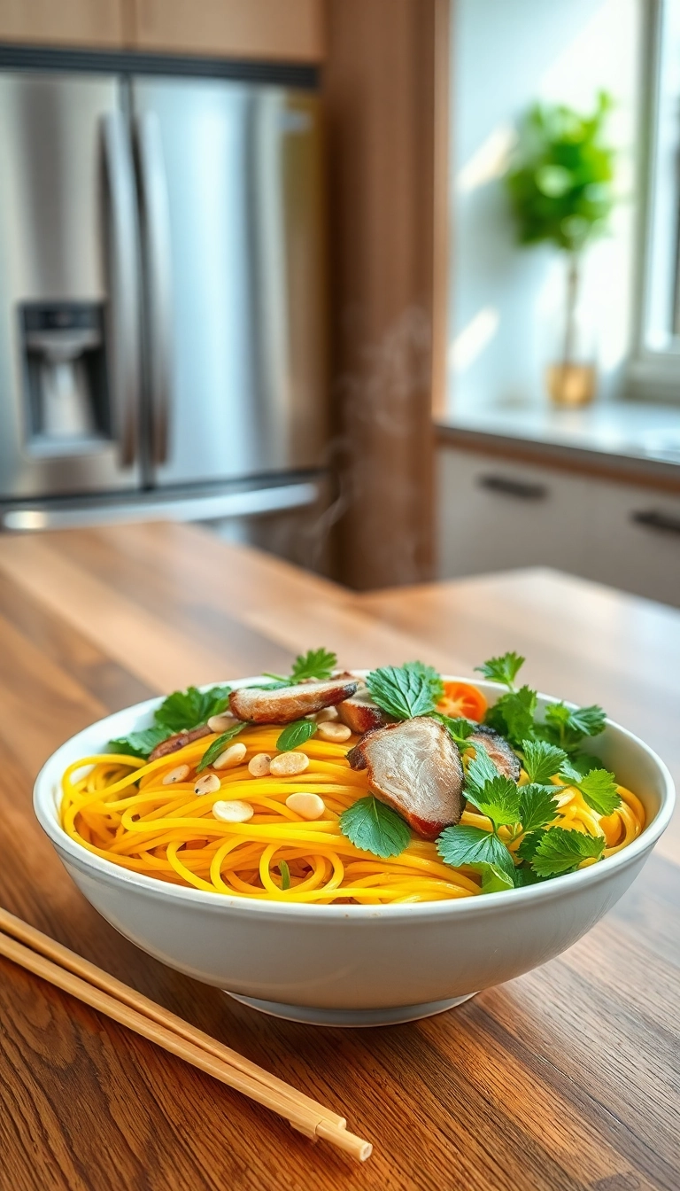 Mi Quang noodles with pork and herbs.