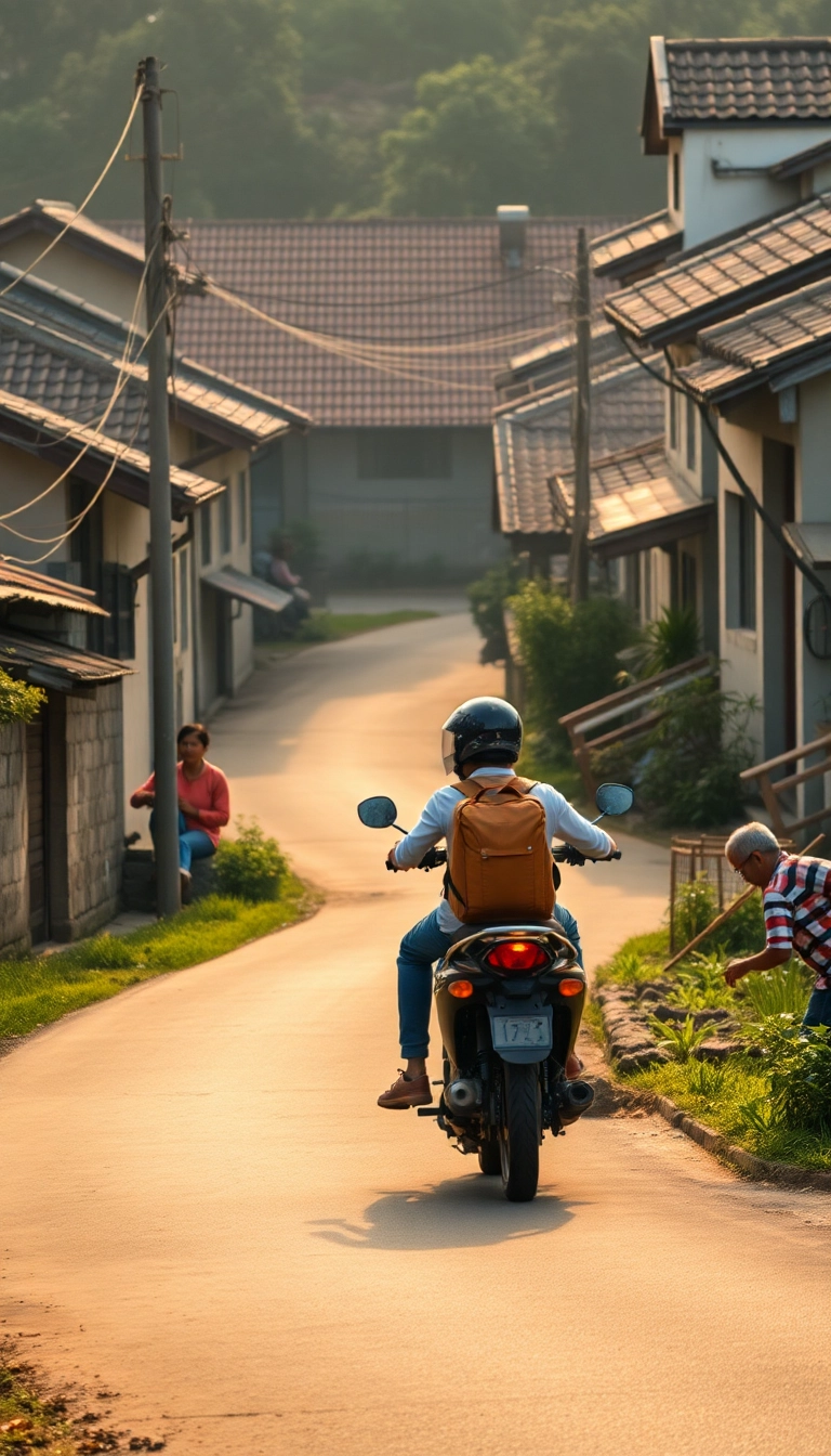 Motorbike ride through peaceful Vietnamese village.