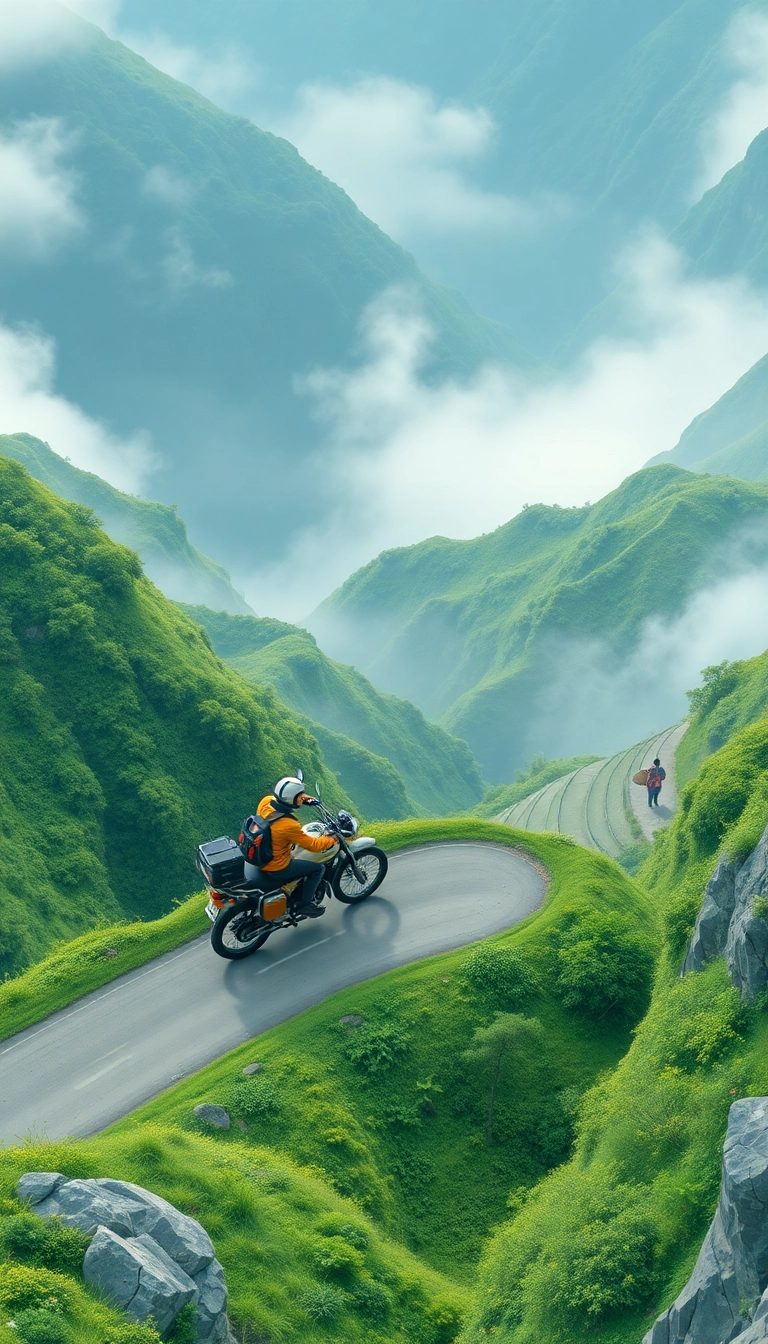 Motorbike rider on winding Vietnam mountain road.