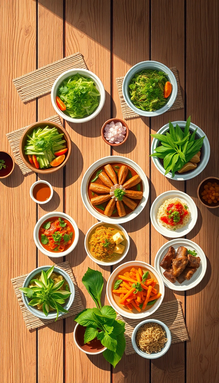 Northern Vietnamese food on wooden table.