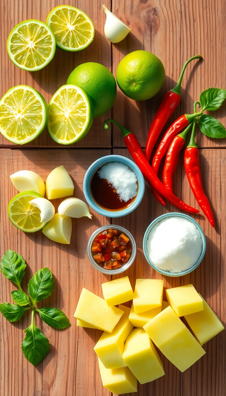 Papaya salad dressing ingredients on wood.