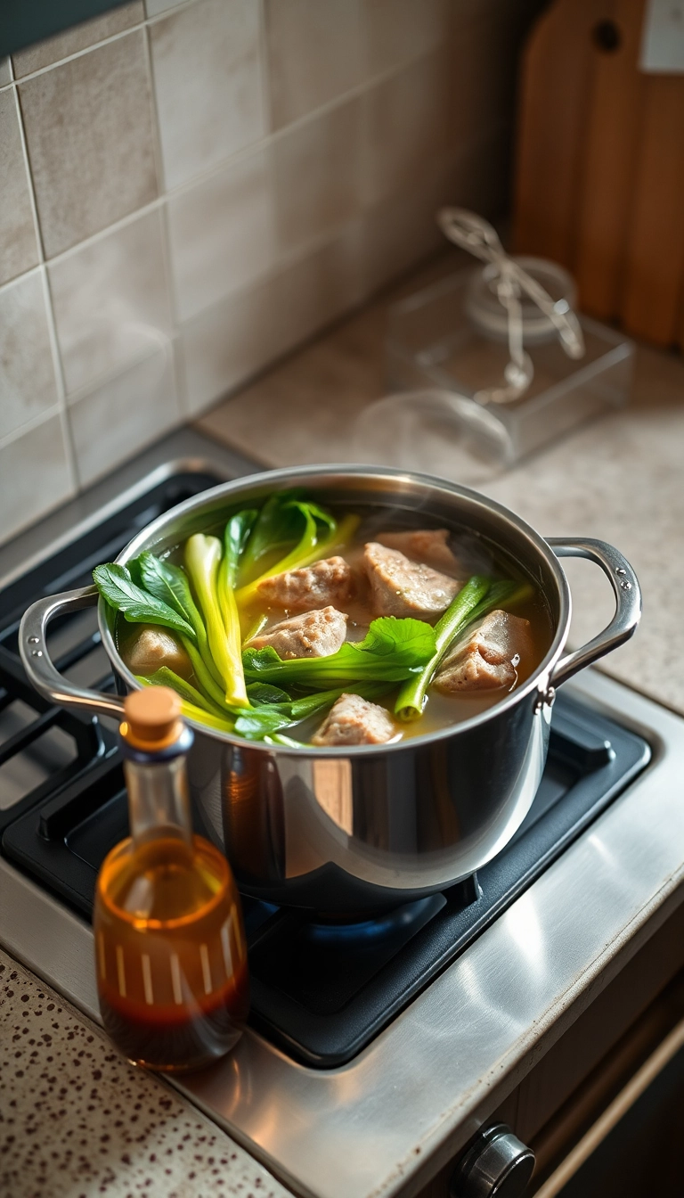 Pork rib soup simmering on stove.