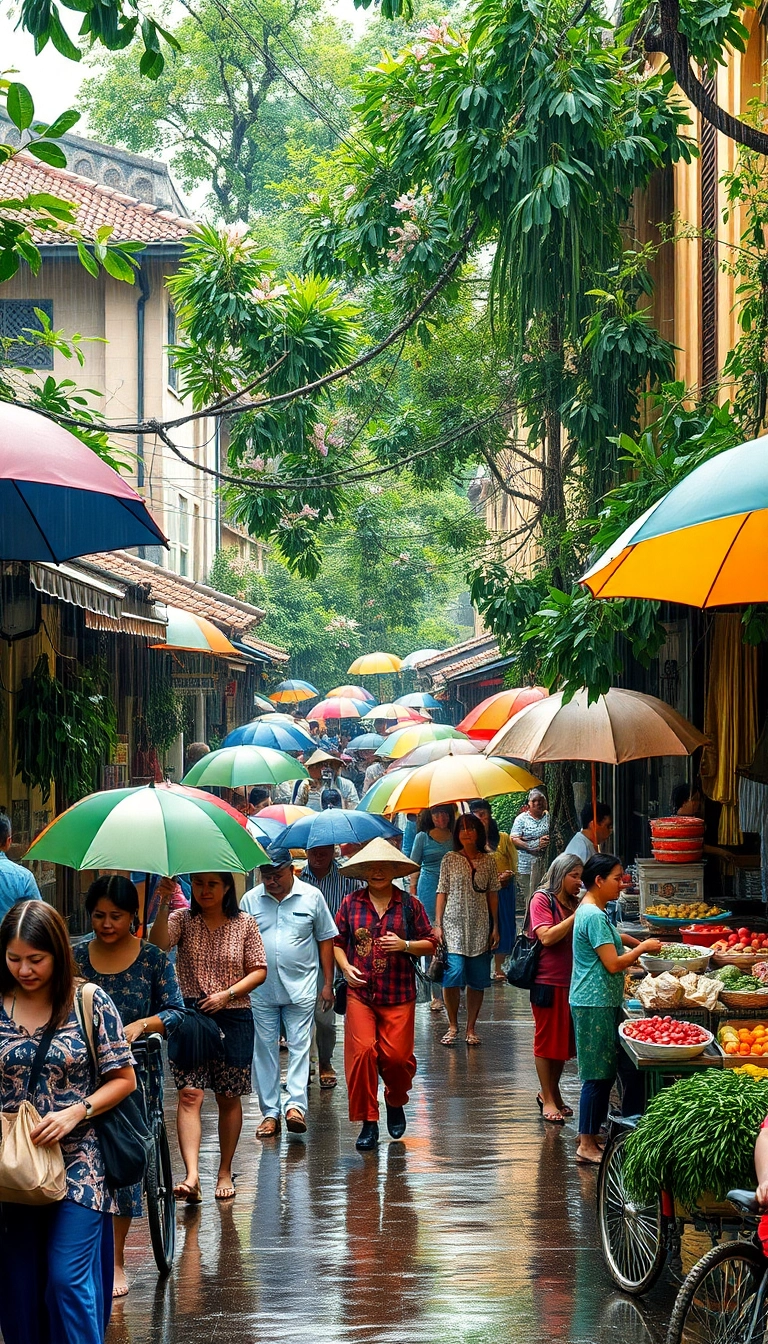 Rainy Vietnamese market with colorful umbrellas.