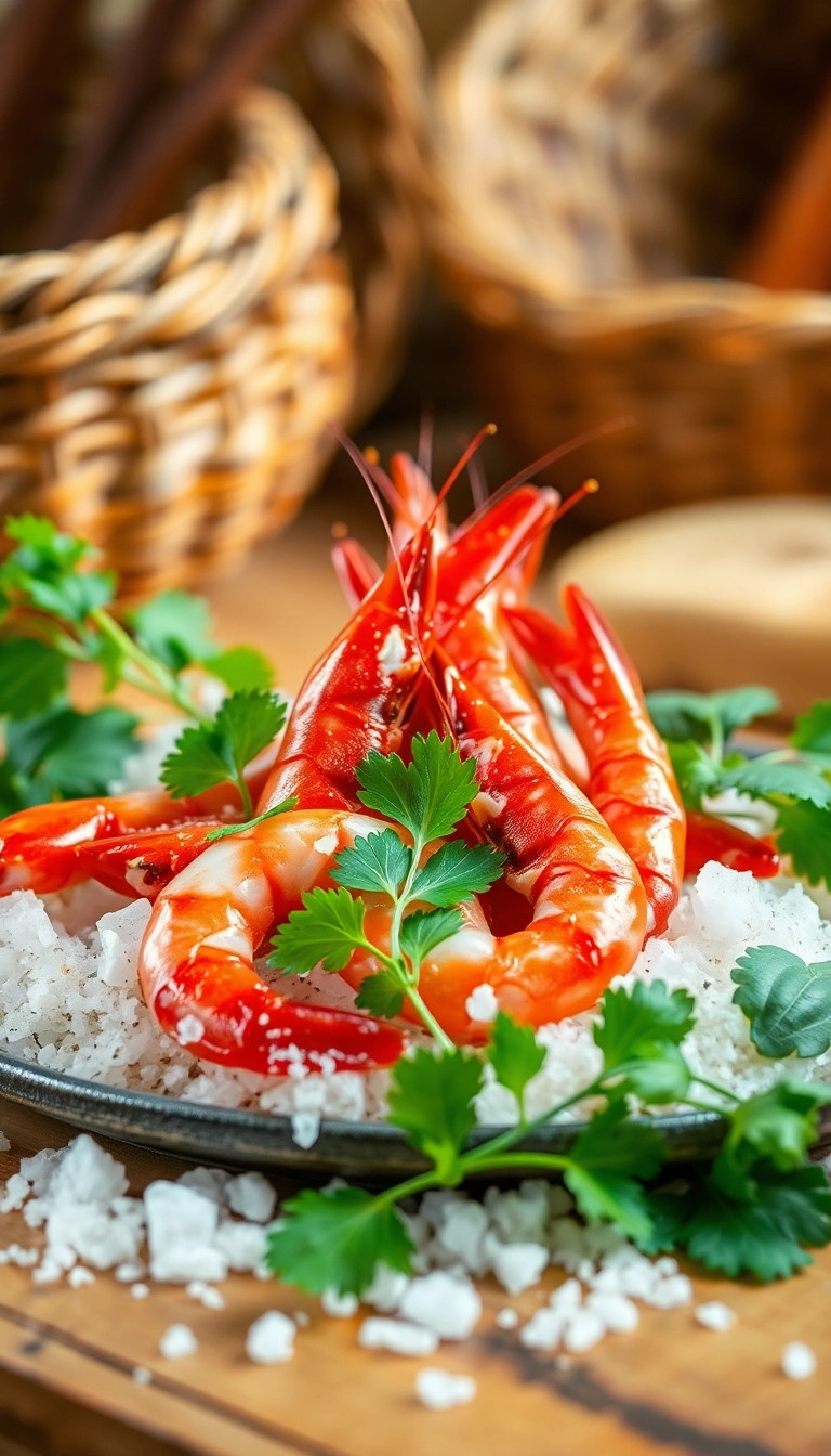 Red salted shrimp with herbs & salt.