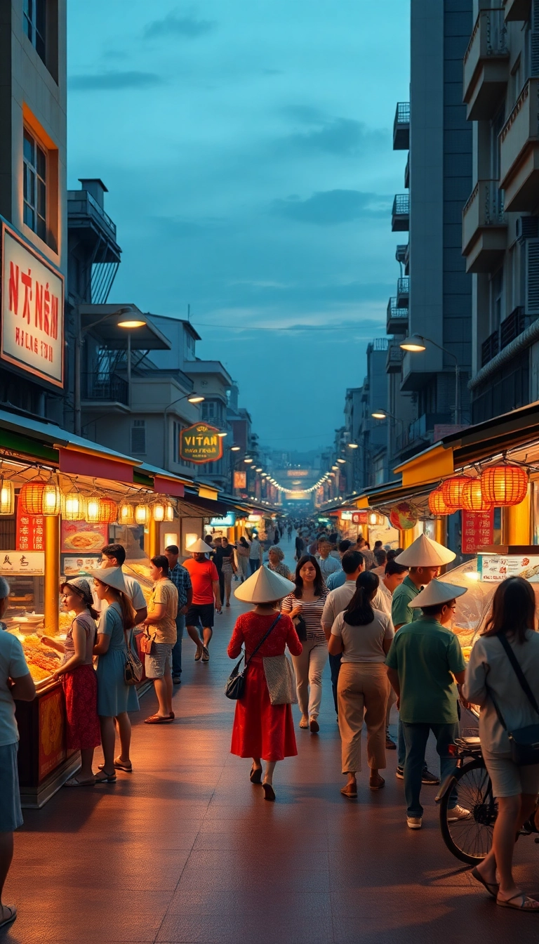 Saigon street food scene at dusk.