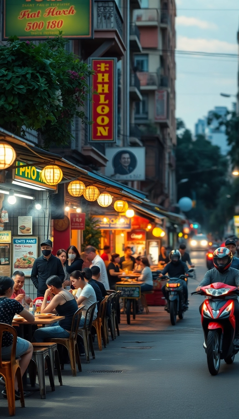 Saigon street food scene at dusk.