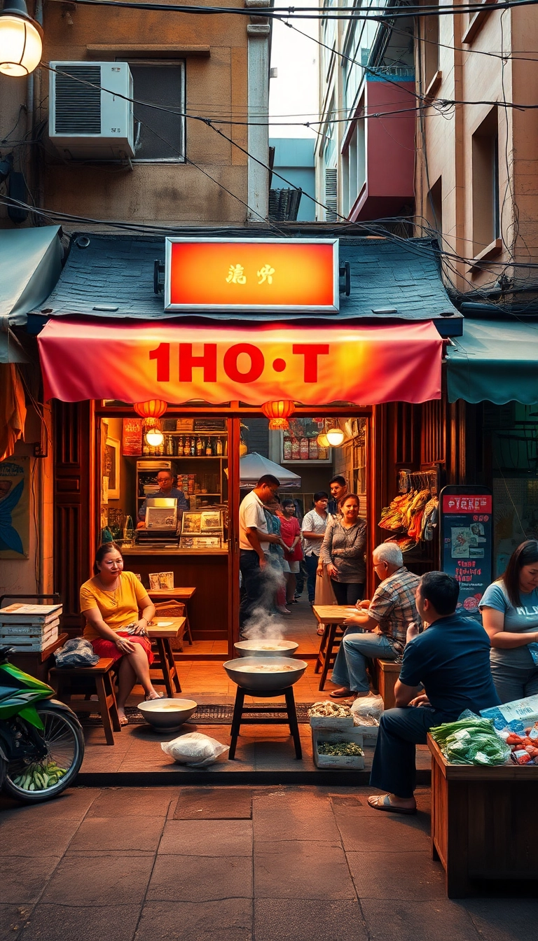 Saigon street scene: pho restaurant & market.