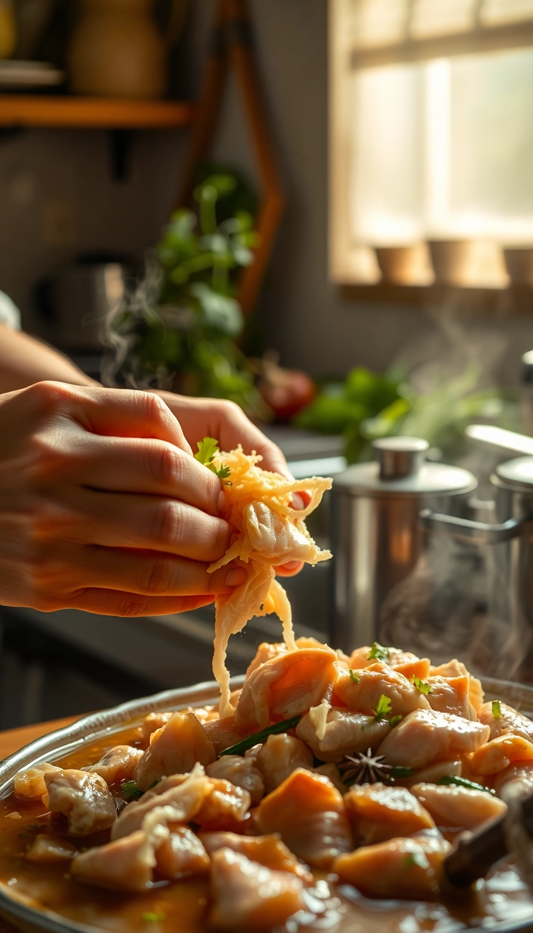 Shredding poached chicken for Vietnamese cuisine.