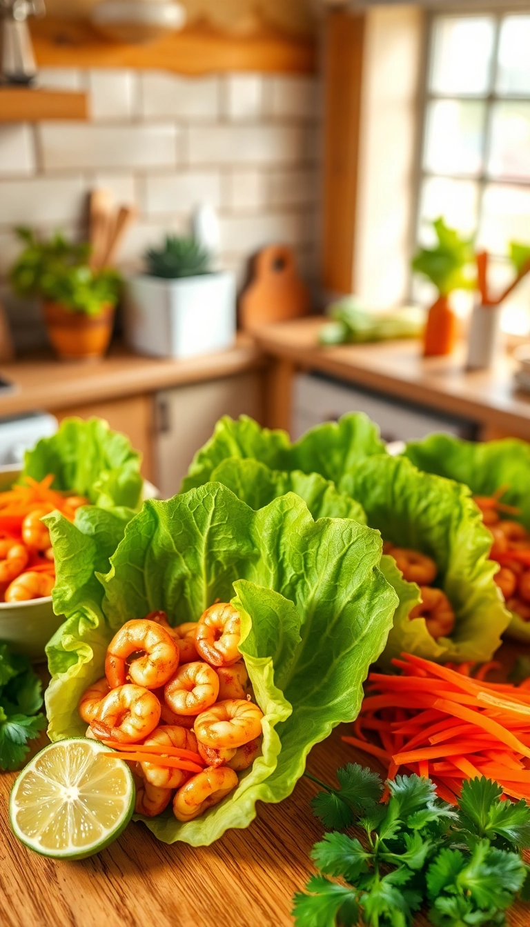 Shrimp lettuce wraps ingredients, fresh herbs.
