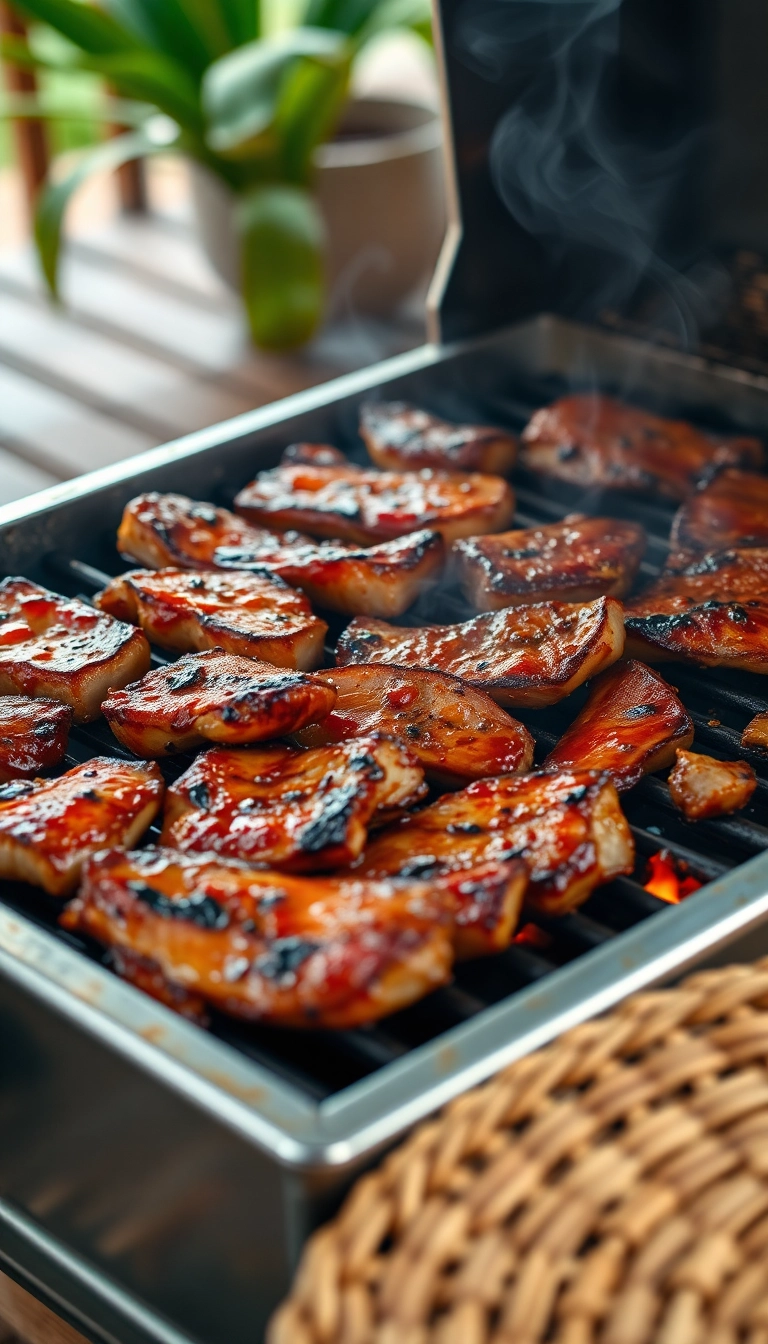 Sizzling marinated pork grilling outdoors.