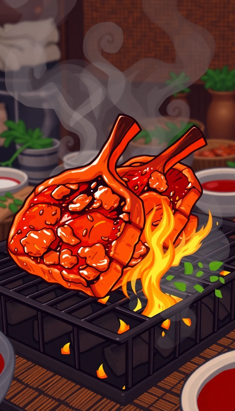 Sizzling pork chops on charcoal grill.