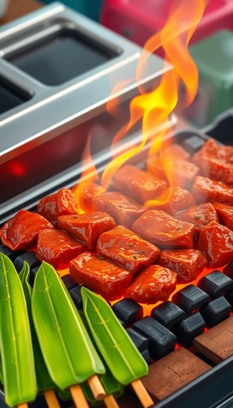 Sizzling Vietnamese beef grilling with betel leaves.