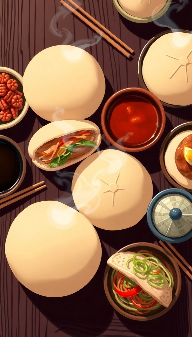 Steamed Vietnamese bánh bao on wood table.
