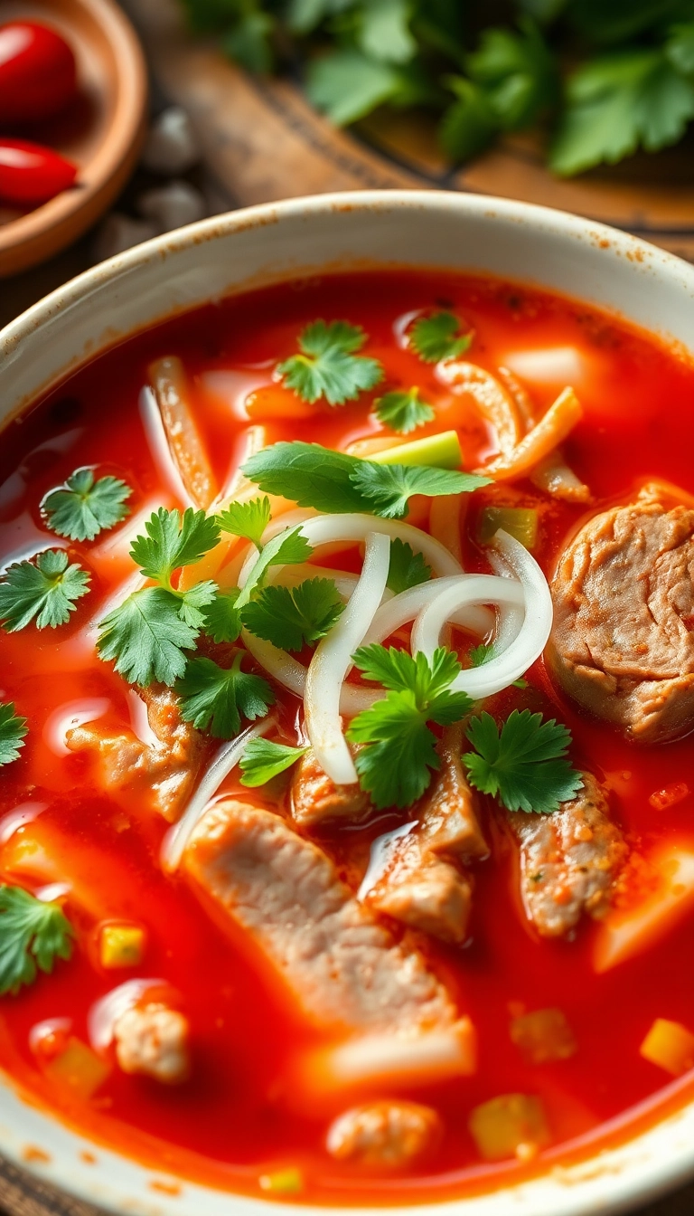 Steaming bowl of Vietnamese beef noodle soup.