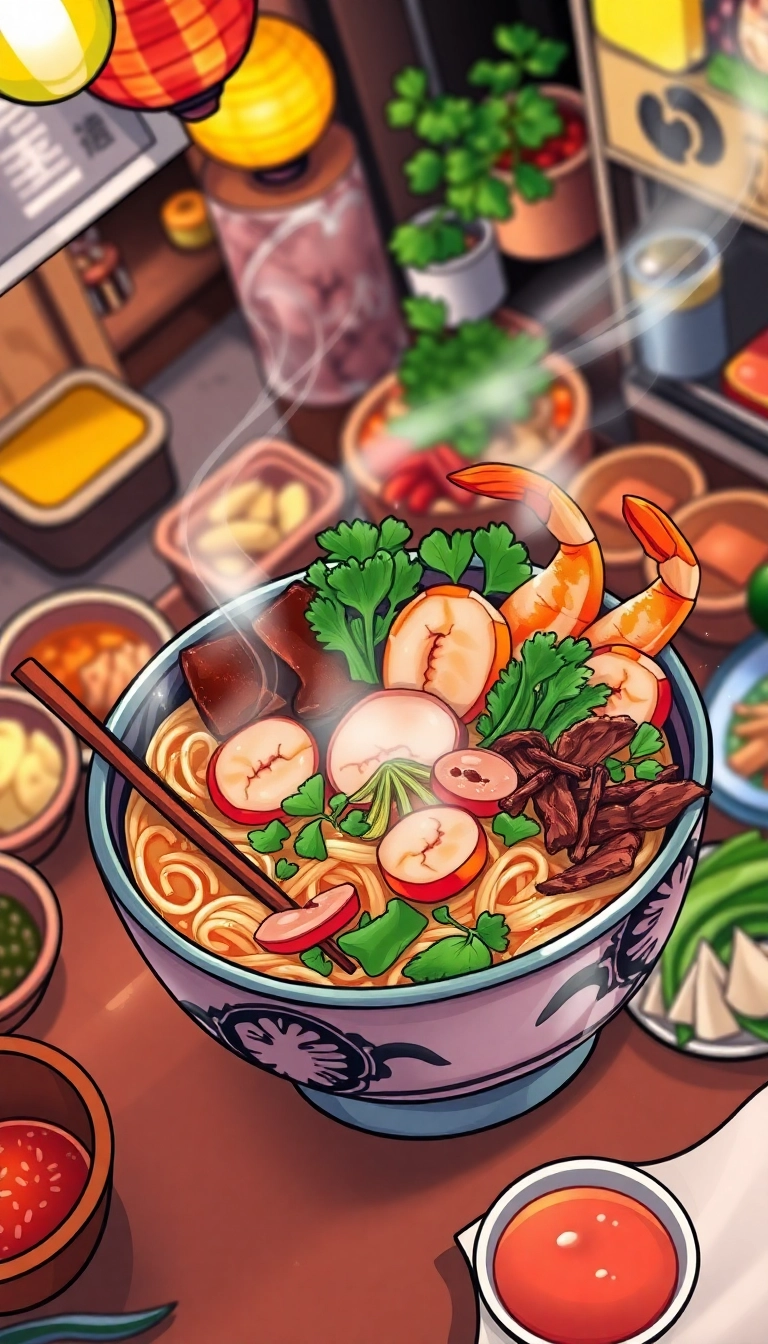Steaming bowl of Vietnamese Cao Lầu noodles.