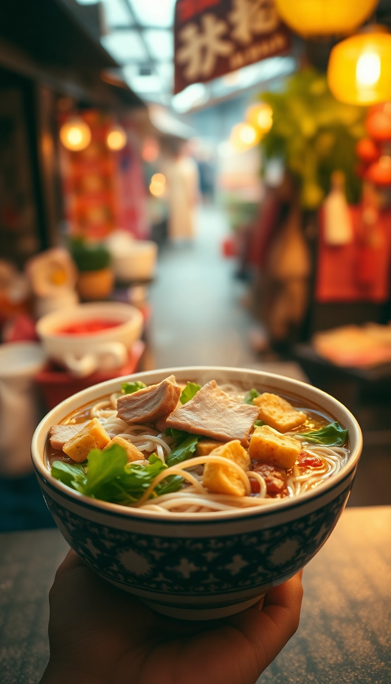 Steaming Cao Lau noodles, Vietnamese street food.