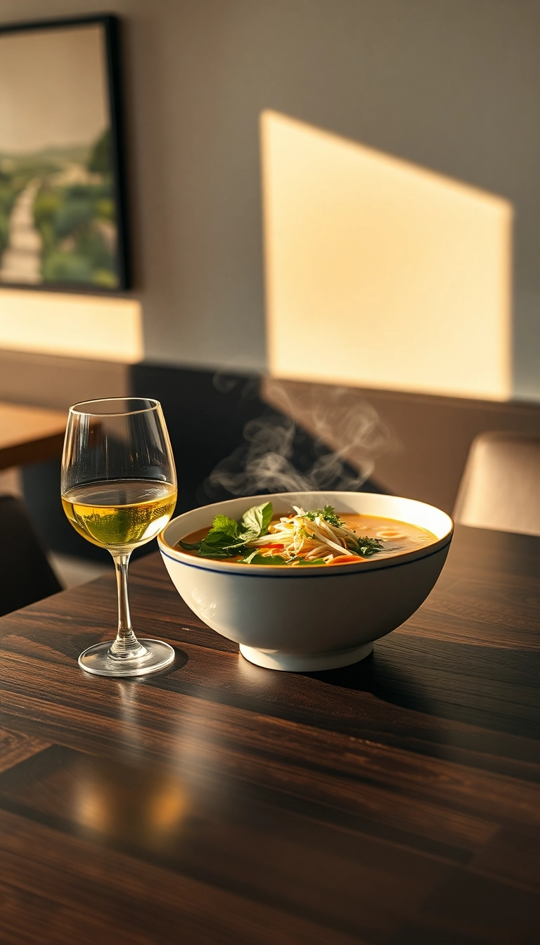 Steaming pho with wine, modern dining.