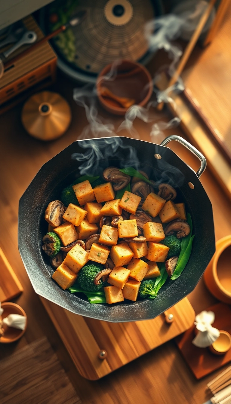Steaming tofu stir-fry with vegetables.