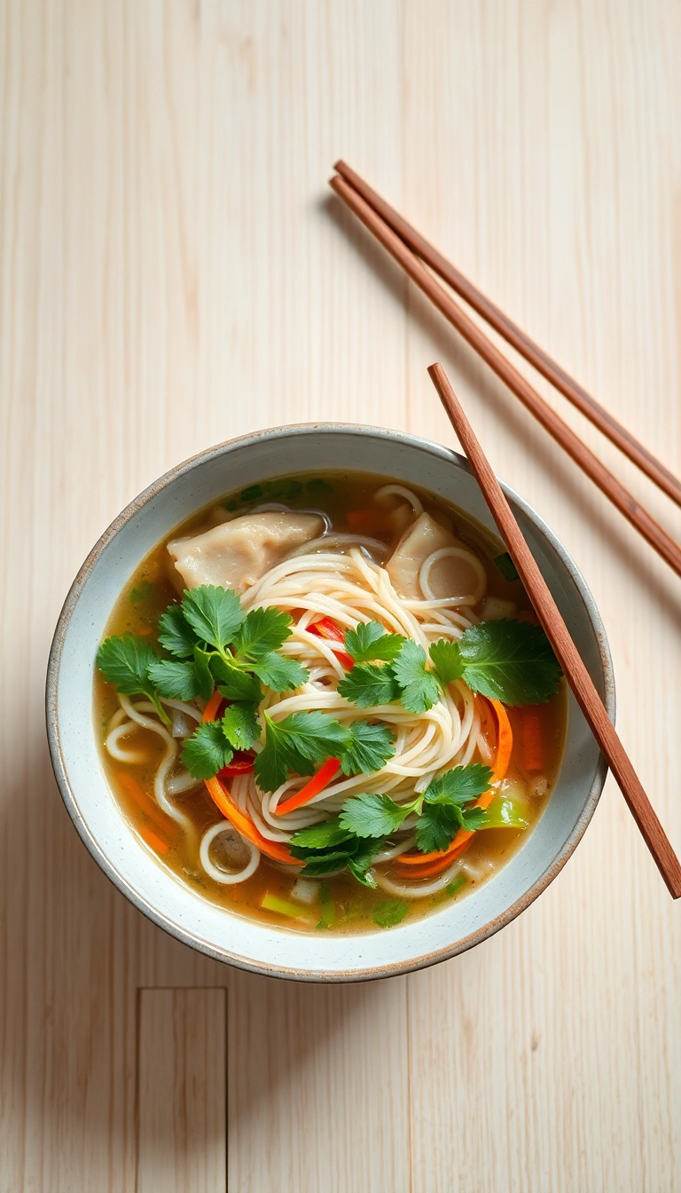 Steaming Vietnamese noodle soup with herbs.