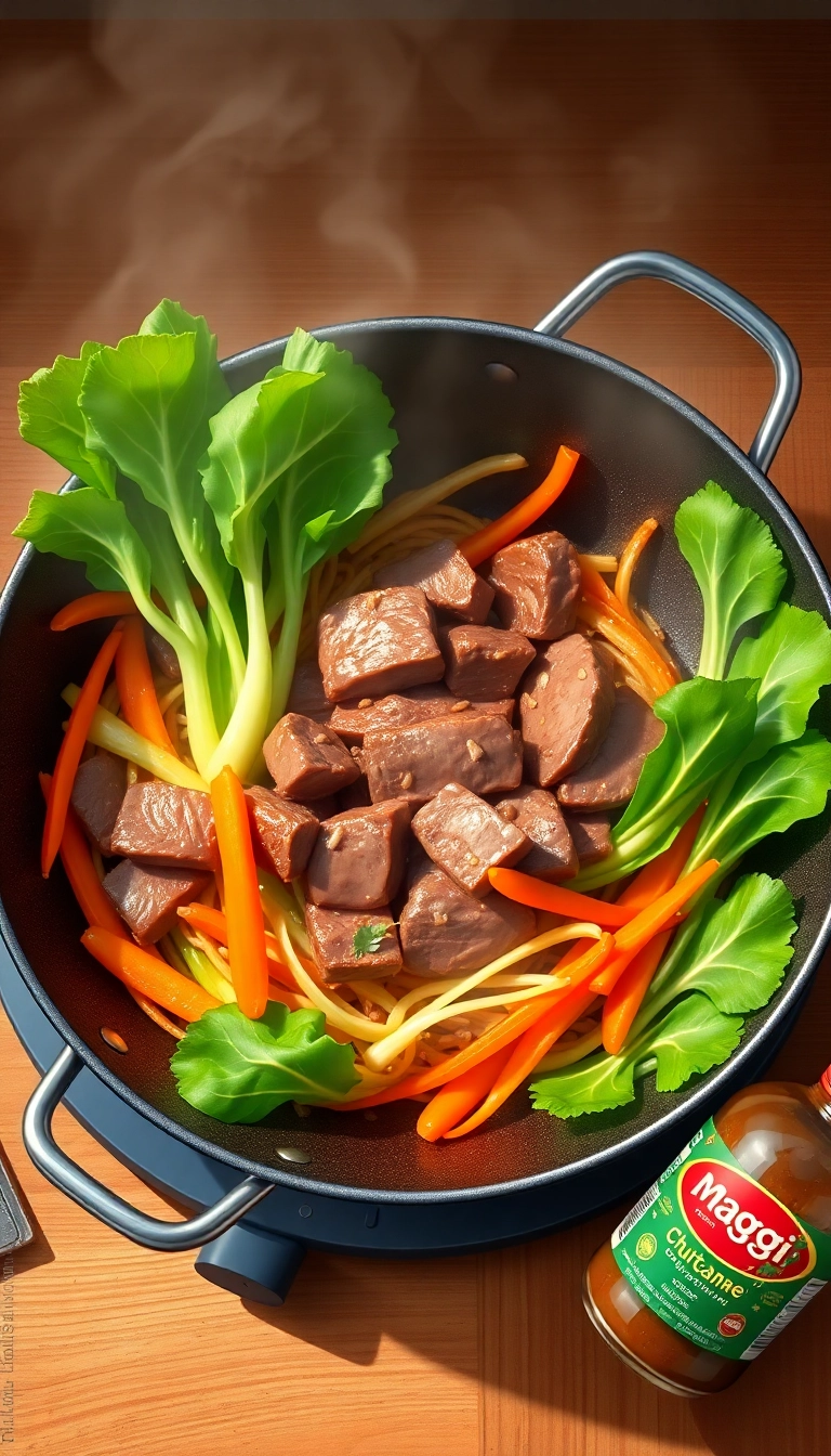 Stir-fried beef and colorful Vietnamese vegetables.