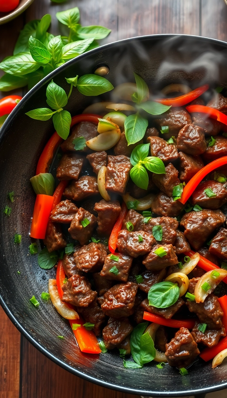 Stir-fried beef with peppers & herbs.