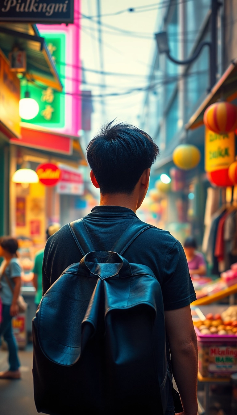 Traveler explores bustling Vietnamese street market.