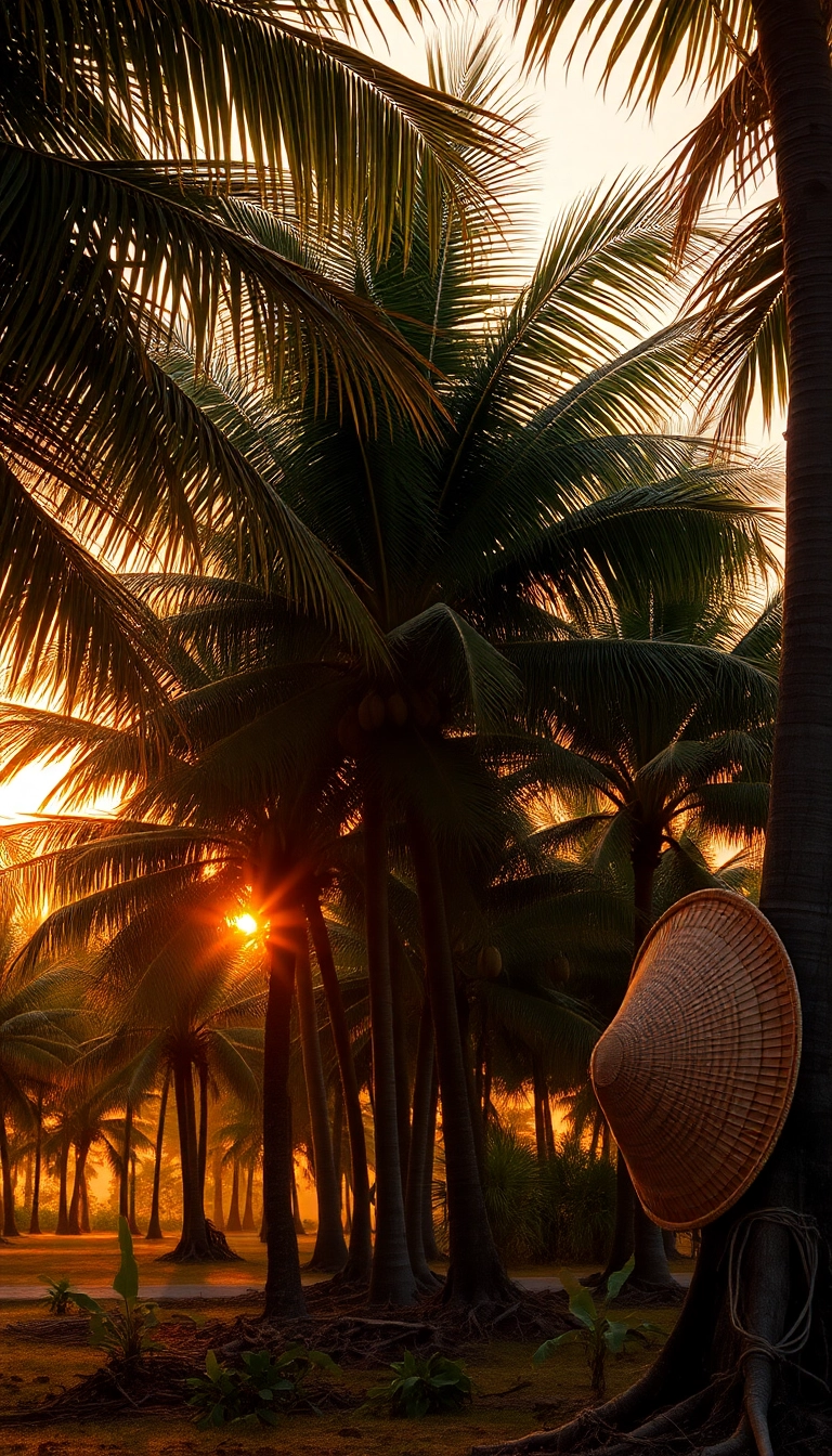 Tropical sunset with coconut palms & spices.