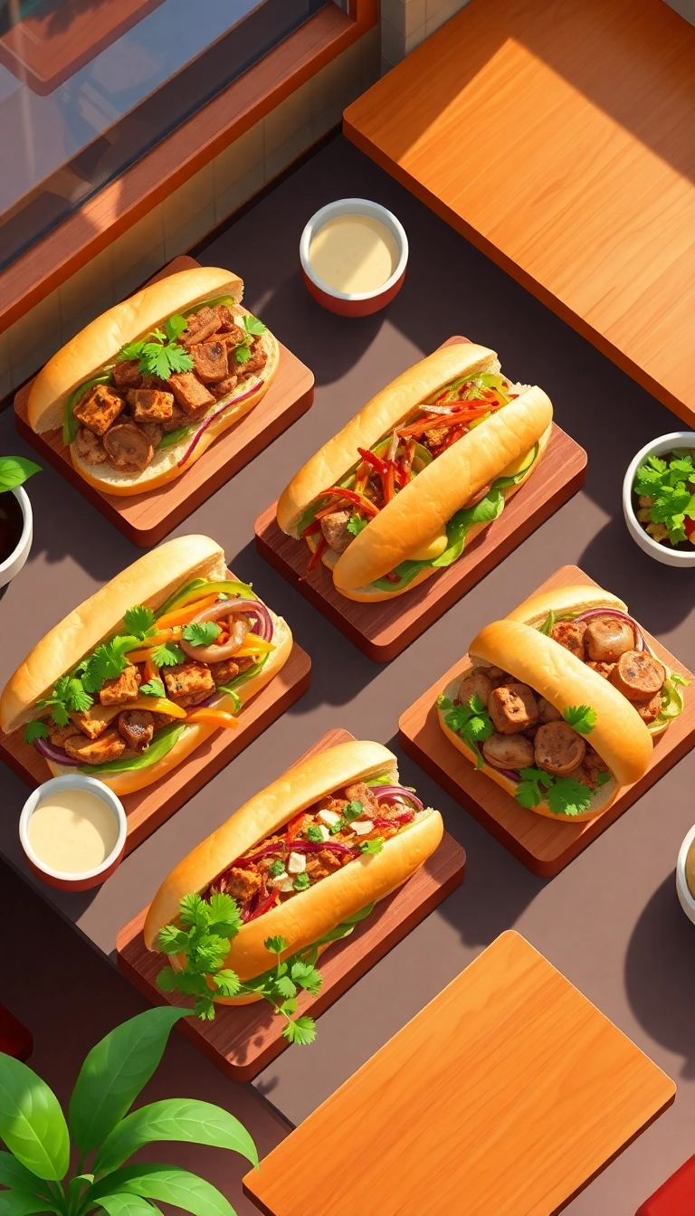 Vegan Banh Mi sandwiches with colorful fillings.