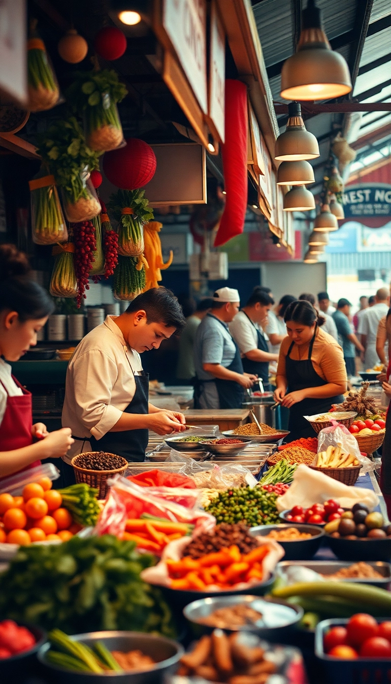 Vibrant international food market, diverse chefs.