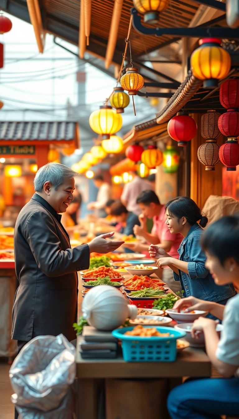 Vibrant Vietnamese street food market scene.