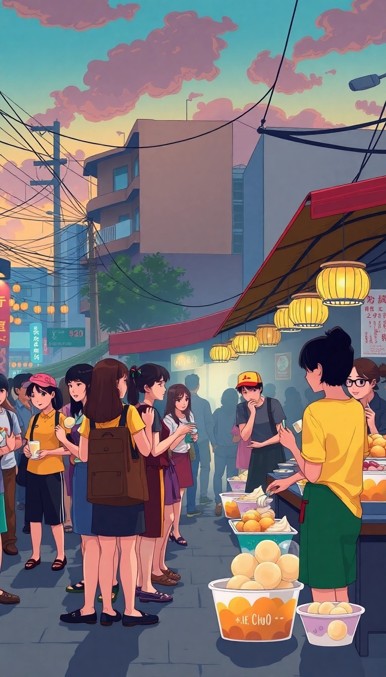 Vibrant Vietnamese street food market scene.